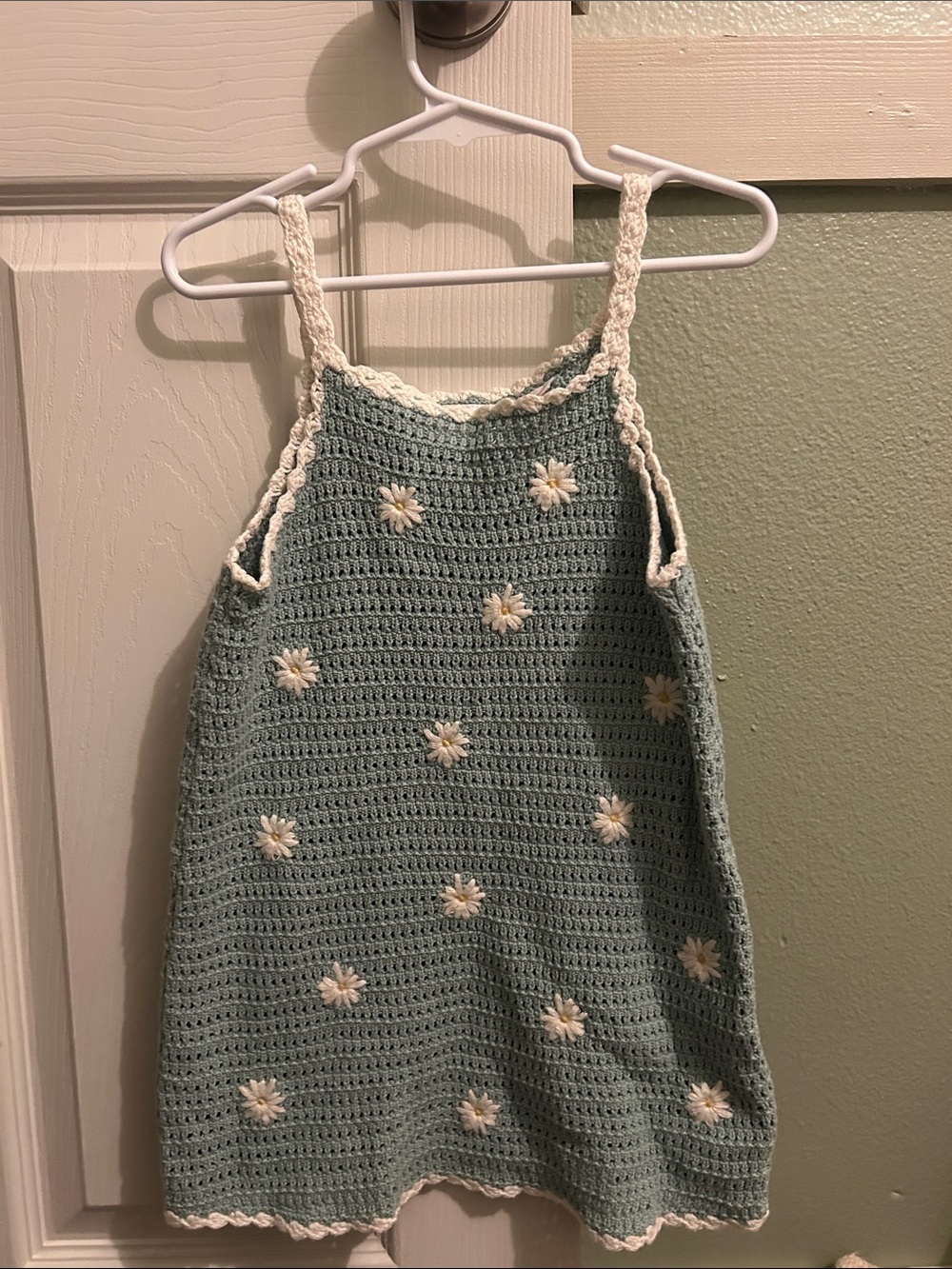 Zara Pale Green Crochet Daisy Tank Dress with Cream Trim